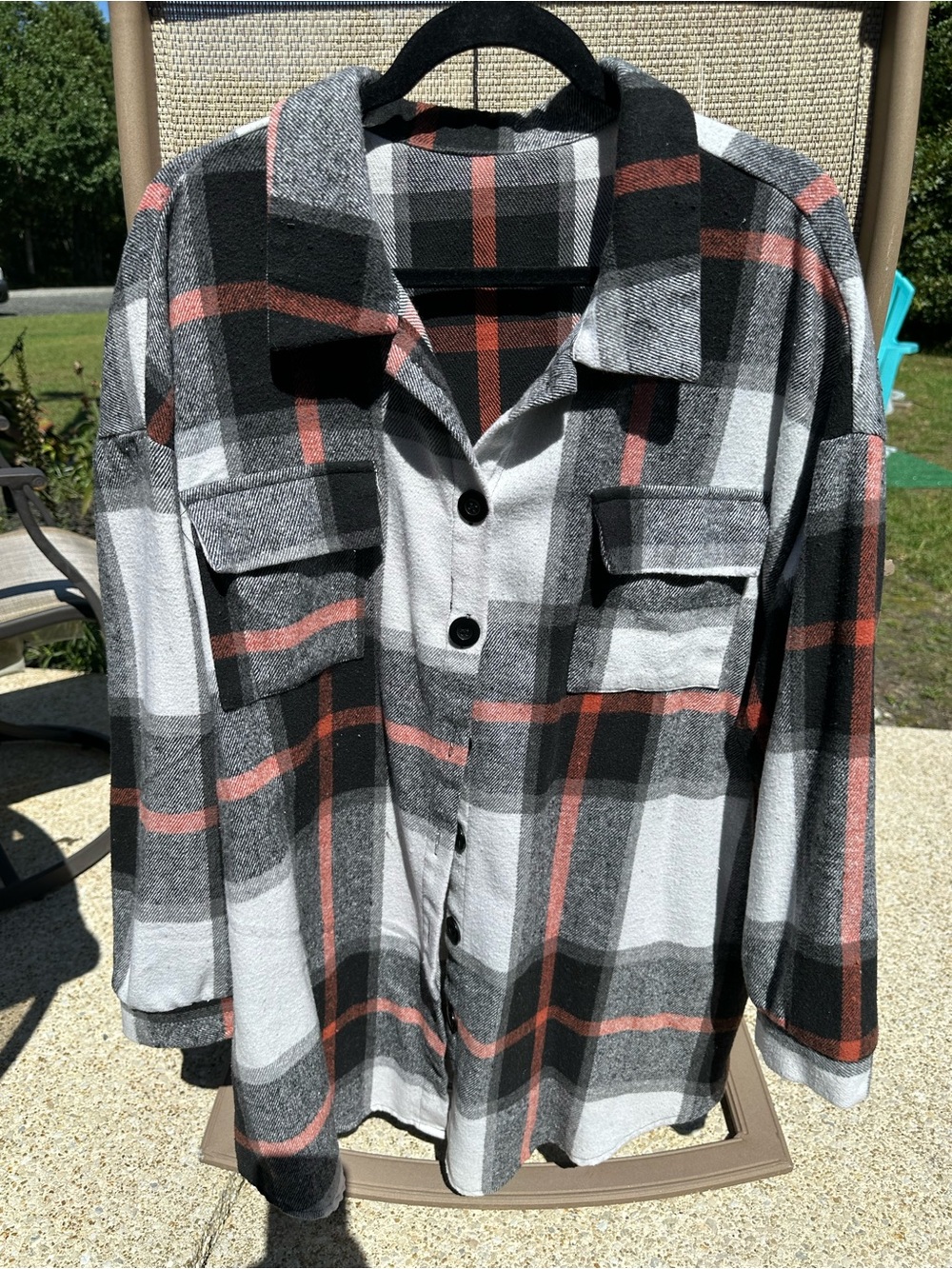 Women’s Plus Plaid Button-Up Shirt Jacket - Black, Gray & Coral- Long Sleeve